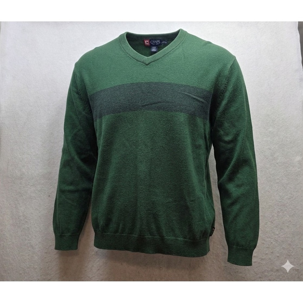 Chaps Men's Green w Blue Stripe Pullover Vintage V-Neck Sweater. Size 2XL